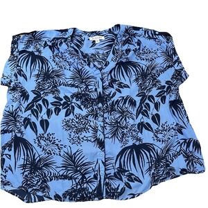 Roaman's Blue Floral Tropical Button Up Short Sleeve Blouse Top Women's Plus 20W